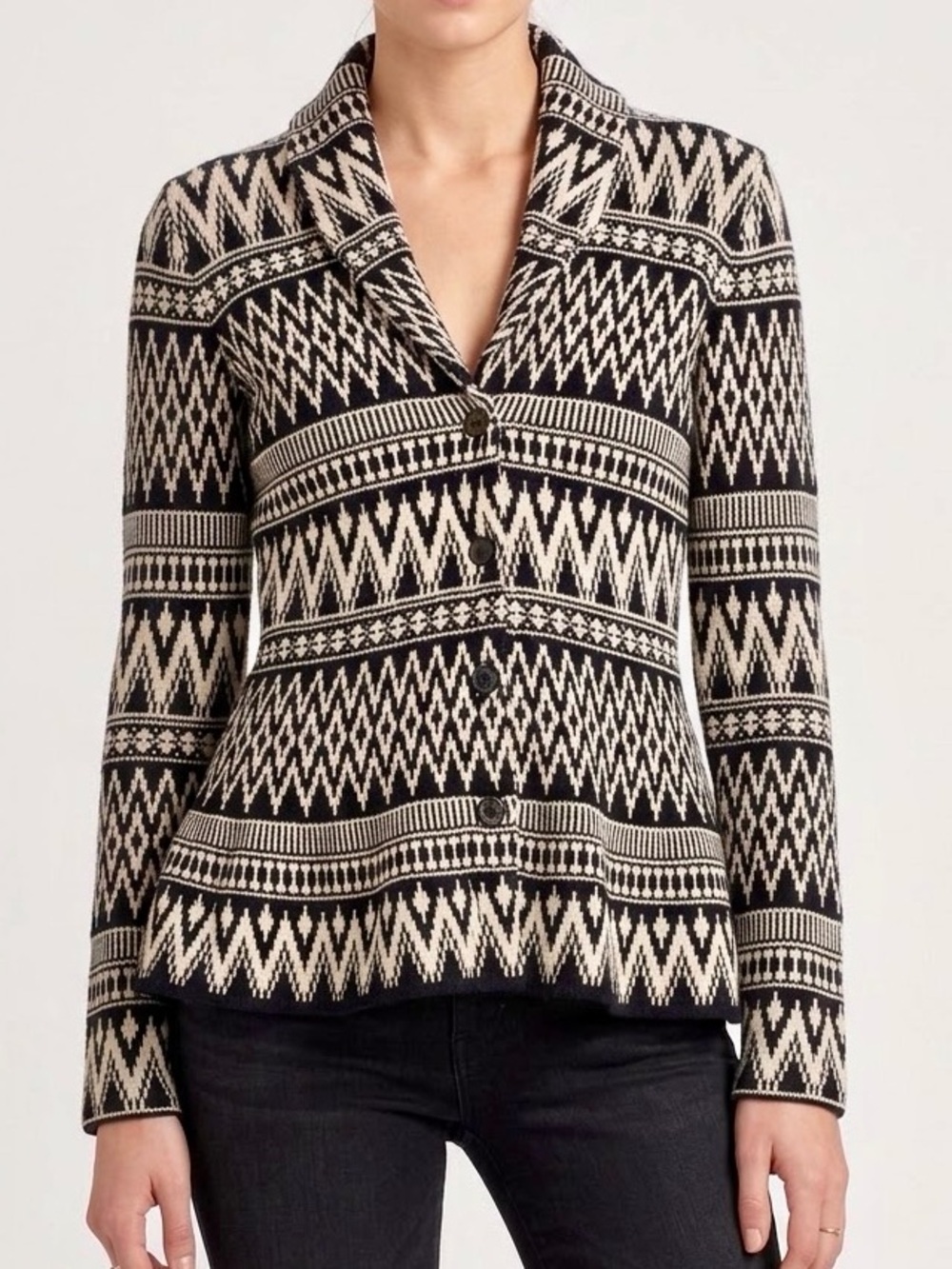 RALPH LAUREN Wool Black & White Geometric Cardigan Sweater